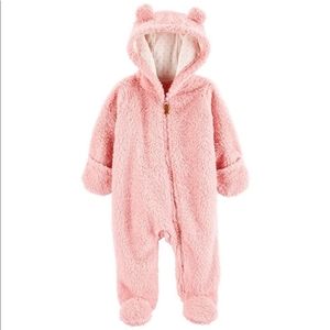 Carter's Baby Girls' Pink Hooded Cozy Fuzzy Sherpa Pram Jumpsuit - Size 3M